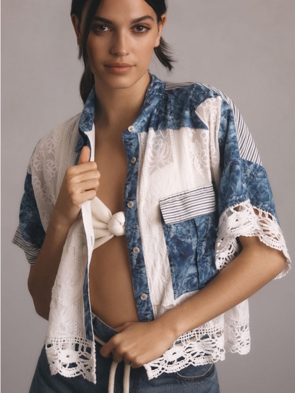 Anthropologie Blue and Cream Lace Patchwork Button-Up Shirt